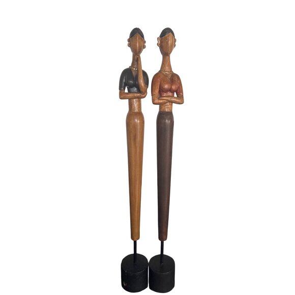 Hand-Carved African-Inspired Wooden Female Figurines Statues On Black Stands - Picture 1 of 16